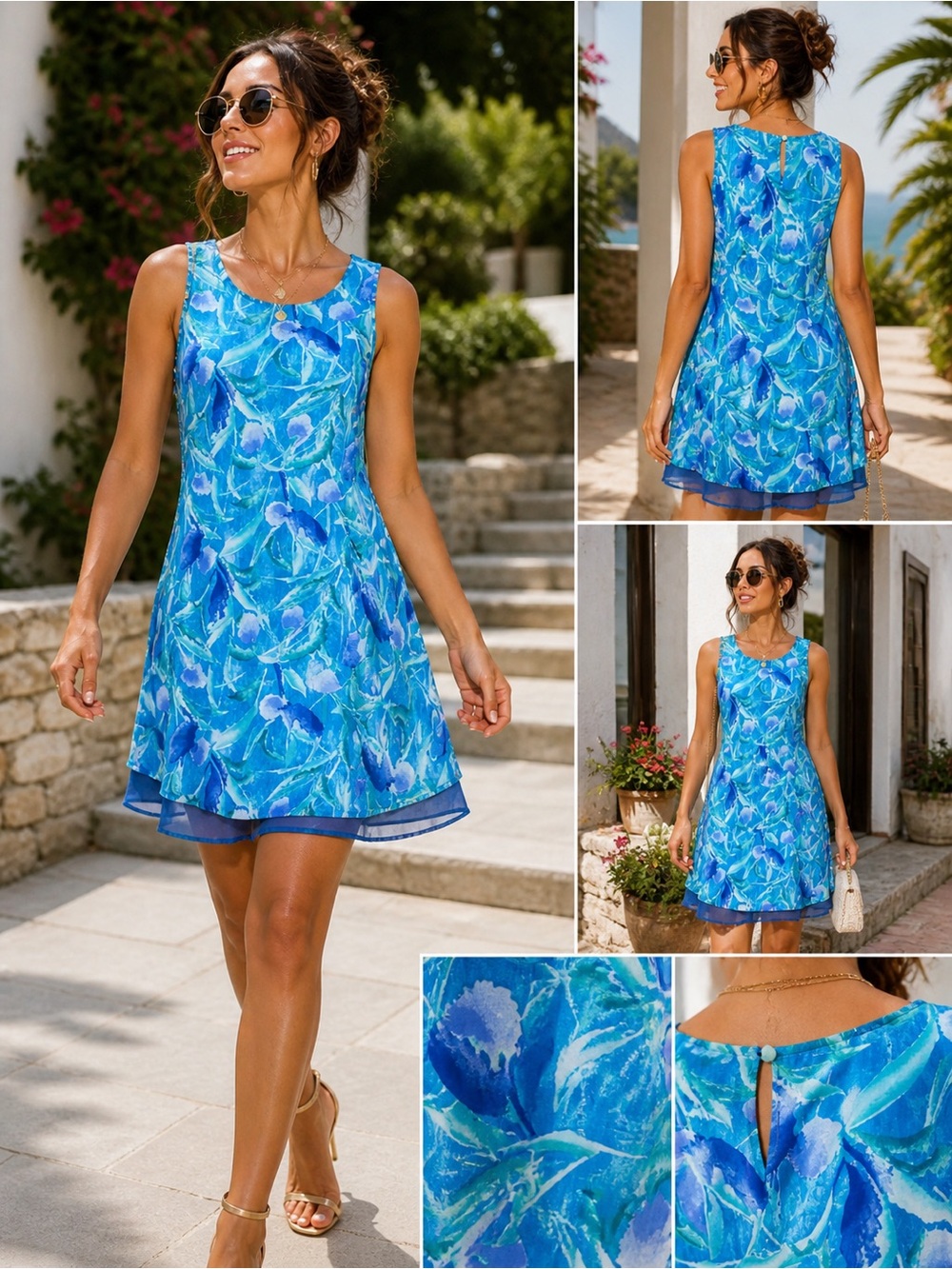 K.C Spenser Blue Abstract Print Flowy Dress Coastal Resort Summer Chic Size 8